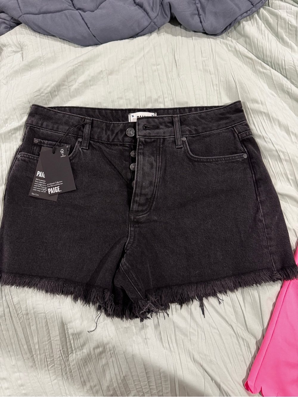 PAIGE Black High-Rise Raw Hem Denim Shorts
